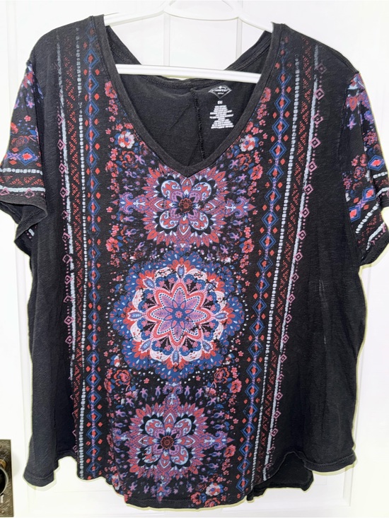 St. John's Bay Tops - St. John's Bay Black V-Neck Top with Pink & Blue Medallion Print Plus Size 3X